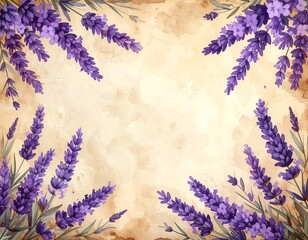 Floral watercolor border of purple lavender blossoms on antique paper
