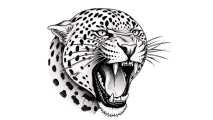 Fierce leopard head with open mouth and sharp teeth