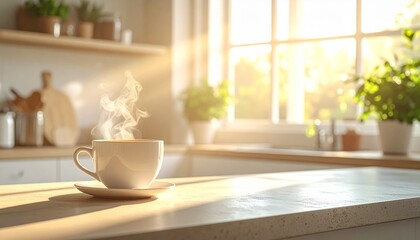 Obraz premium Authentic morning coffee at home, handheld candid, soft daylight through window, copy space on countertop, natural skin tones, subtle film grain, brand-safe kitchen, UGC vibe but premium, stock-ready 