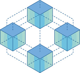 Isometric connected cubes illustration, abstract blockchain network concept, 3D geometric data blocks, modern technology and decentralization design