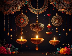 Festive illustration of glowing lamps, ornate decorations, and floral accents