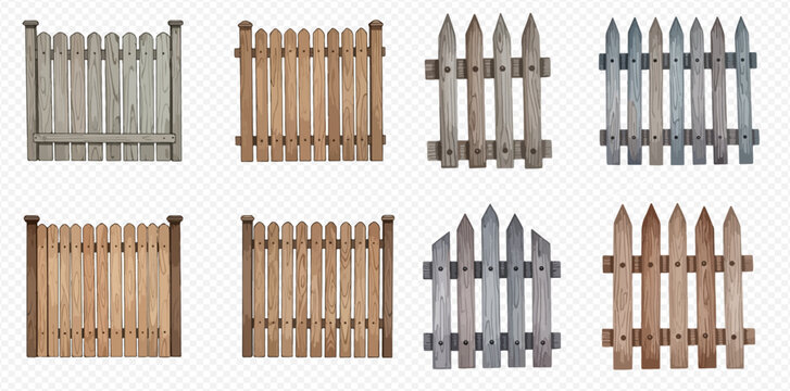 Collection of various wooden fence sections isolated on a transparent background, showcasing different styles and colors for garden and property borders.