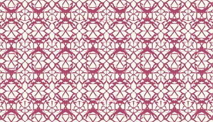 A geometric floral pattern with interconnected shapes forming a repeating design in maroon against a cream backdrop