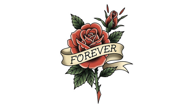 Beautiful rose with forever banner tattoo design