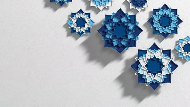 Minimalist Abstract Animated Islamic Geometric Rosettes on White Background with Subtle 3D Motion