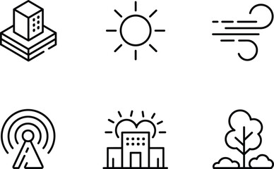 Minimal line icons set, outline illustration of city sun wind signal building and nature, modern thin stroke symbol collection