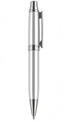 Naklejka premium A gleaming, silver pen stands vertically, rendered against a pristine white background. It features a clip, elegant design, and a conical tip
