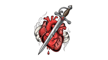 Sword stabbing through heart with blood