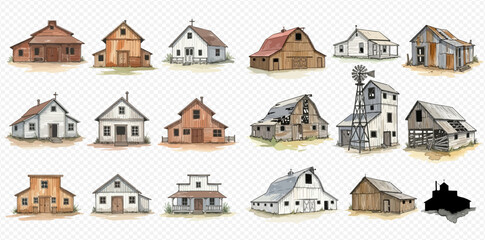 Watercolor collection of rustic farmhouses, barns, and rural buildings in a charming countryside style.