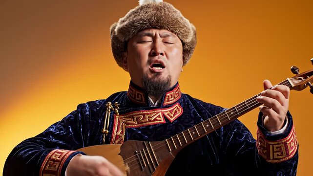 Mongolian Man Playing Morin Khuur and Singing, Dressed in Traditional Clothing