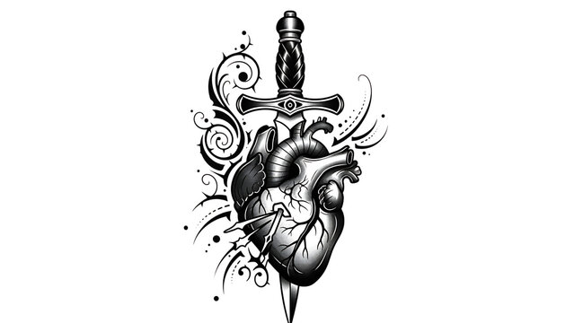 Heart stabbed by a sword with floral elements