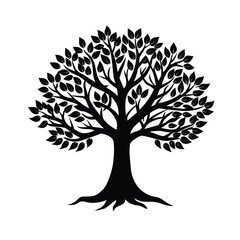 Obraz premium Black silhouette of a large leafy tree with strong roots isolated on white background