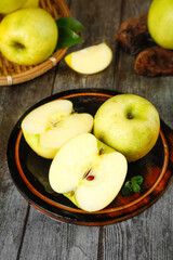 Fresh Yellow Apples on Rustic Wood - Healthy Fruit Display