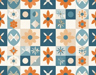 A geometric pattern with floral and abstract shapes in a grid, using teal, orange, and beige