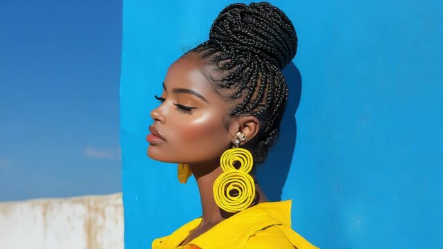 Elegant dark skin woman with braided bun, cornrow braid and statement yellow earring, stylish