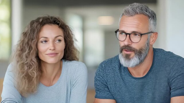 Mature couple man and woman middle aged with beard planning and smiling bright relaxed living room