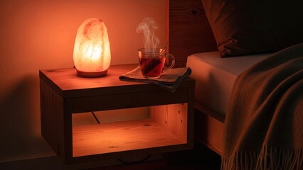 Warm Bedroom Scene with Salt Lamp, Tea, and Cozy Bedside Table A