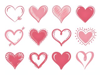 A large collection of hand-drawn doodle hearts in different styles and textures.