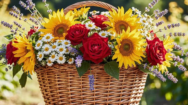 Flower Basket Close Up Displaying Sunflowers, Roses, Daisies and Lavender