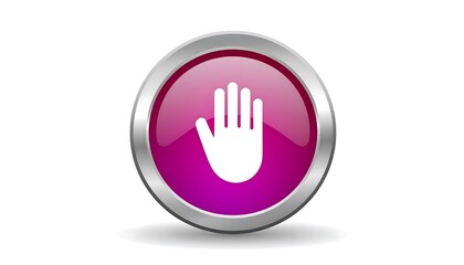 Obraz premium A glossy, circular button features a bright pink face with a white hand icon. The button has a shiny silver rim and is set against a white background