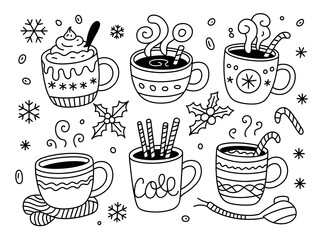 A collection of cute hot chocolate mugs in a doodle style with winter elements and snowflakes
