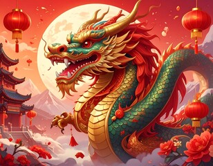 Festive illustration featuring a vibrant dragon, temples, and lanterns