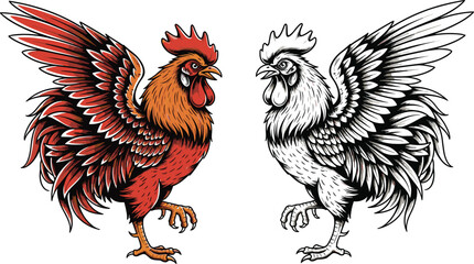 Aggressive Rooster Mascot Illustration in Color and Monochrome, Detailed Fighting Cock with Spread Wings for Sports and Farm Designs.