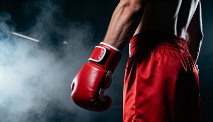 Muscular Boxer Ready for the Fight with Red Shorts and Smoky Background
