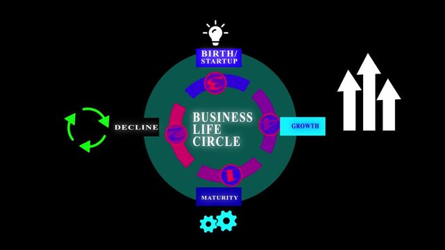 Animated business life cycle diagram showing four stages, birth startup, growth, maturity and decline, with arrows, gears and lightbulb, infographic motion graphics concept