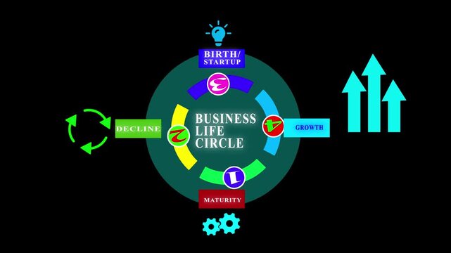 Animated business life cycle diagram showing four stages, birth startup, growth, maturity and decline, with arrows, gears and lightbulb, infographic motion graphics concept