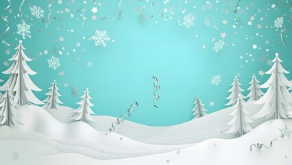 Snowy landscape with pine trees and snowflakes on a blue background for winter scenes