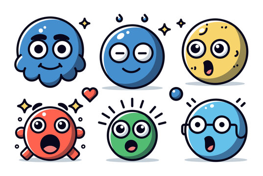 A collection of six colorful cartoon emoji characters displaying various emotions like happiness, surprise, and contentment, with distinct facial expressions and shapes.