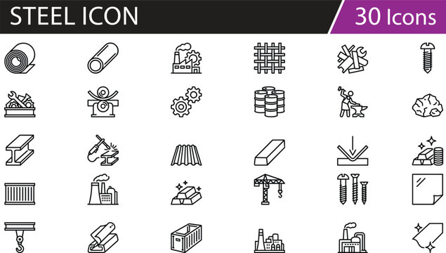 Industrial manufacturing icon set, construction tools, factory equipment, metalworking symbols, engineering elements, steel, welding, gear, pipe, and production vector design