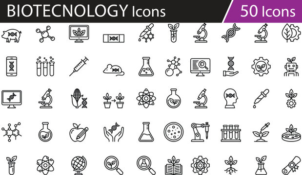 Biotech and genetics icons set, black and white vector, lab research symbols, DNA science tools, molecular illustrations