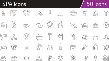 Spa and wellness line icon set for beauty, self-care, personal hygiene, relaxation, skincare, hair styling, massage therapy, minimalist design, vector symbols, clean outline, editable stroke