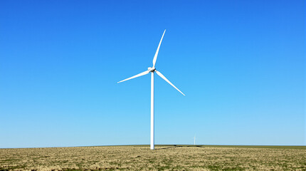 Fototapeta premium Renewable energy source, modern wind turbine generating clean electricity in a vast open field with clear blue sky, symbolic representation of sustainable power