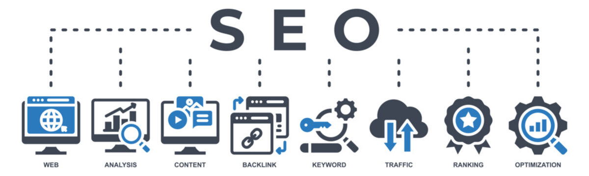 SEO web banner icon vector illustration with icon of WEB, analysis, content, backlink, keyword, traffic, ranking and optimization.