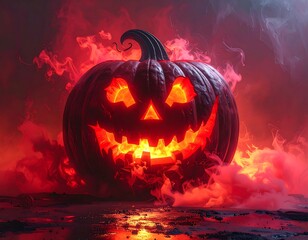 Glowing jack-o'-lantern with smoky red atmosphere