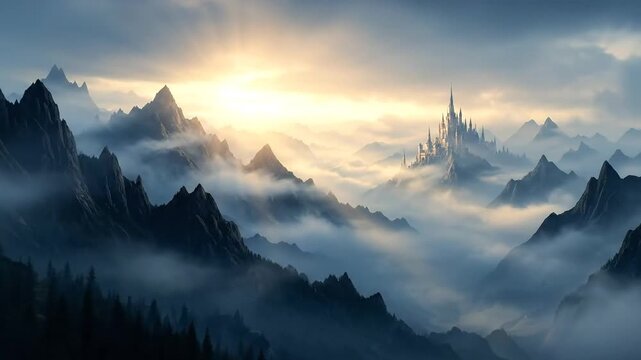 Mystical Mountain Castle Emerging from Clouds at Sunrise.