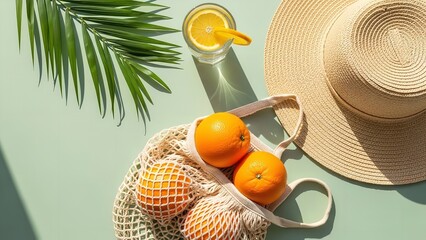 Summer Fruits and Hat in Woven Bag with Refreshing Drink in Bright Natural Lighting for Healthy Lifestyle