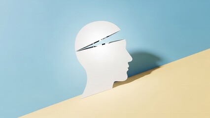 White human head silhouette with cut out eyes in minimalist style on blue and beige background with soft natural lighting for mental health awareness