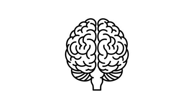 Minimalist flat vector illustration of a human brain in front view, simple symmetrical outline with clean black line art, smooth rounded curves, uniform stroke thickness. White background, centered co
