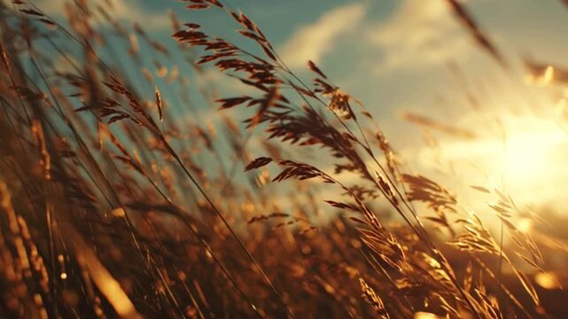 Waving Tall Grass in Golden Hour Field