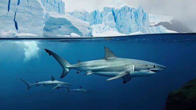 Great white sharks swimming in deep blue ocean waters near a large iceberg formation above water shark video