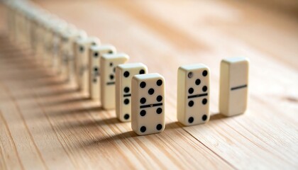 Close-up of dominoes arranged in a line, ready to fall
