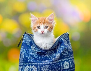 Ginger kitten nestled in a blue patterned bag against a colorful bokeh backdrop