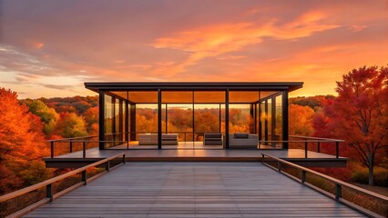 Modern glass house with furniture on a deck overlooking autumn forest at sunset
