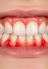 Detailed medical close-up of human mouth showing white teeth and inflamed, red lower gums.