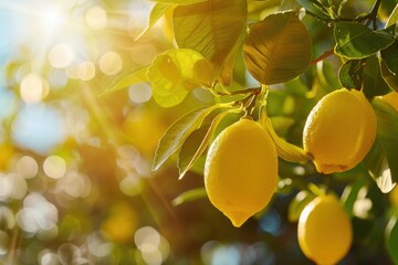 Fresh yellow lemons hanging on a tree branch, sun rays backlighting the leaves and fruit
