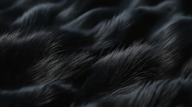 Black velvet fibers in macro view under soft cinematic lighting with subtle shimmer, revealing luxury texture, deep black tones, micro detail, and premium abstract material.